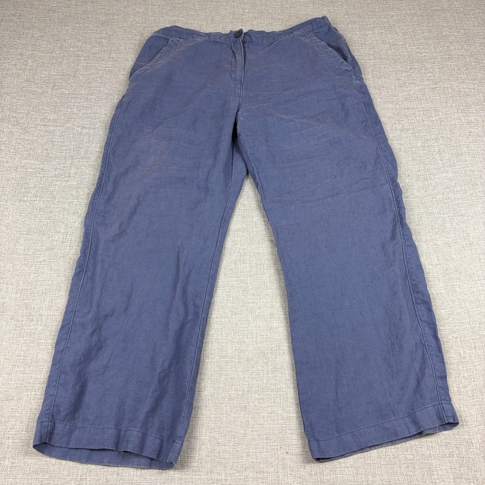 LL Bean Pants Womens 14 Petite Blue Linen Elastic Waist Pull On Twill Chino